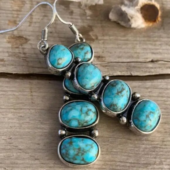 d'vine Products Jewelry - Long Silver Electro-Plated Drop Earrings with Synthetic Blue Turquoise Stones